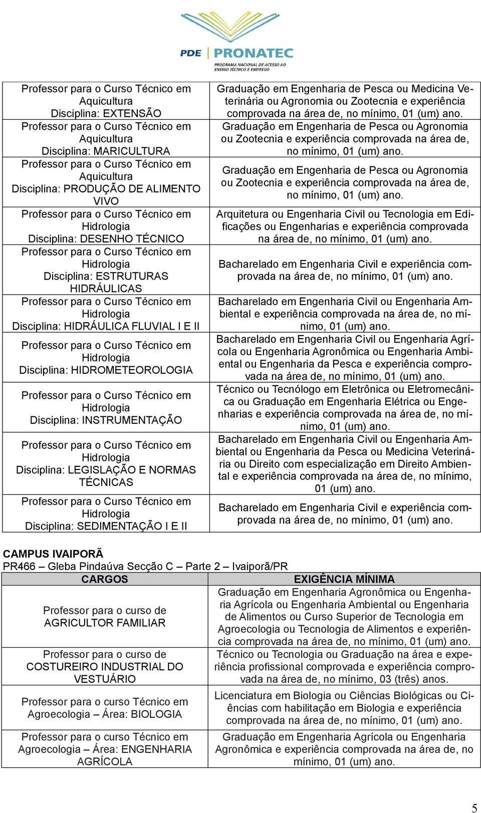 Hidrologia Disciplina: SEDIMENTAÇÃO I E II Graduação em Engenharia de Pesca ou Medicina Veterinária ou Agronomia ou Zootecnia e experiência comprovada na área de, no mínimo, Graduação em Engenharia