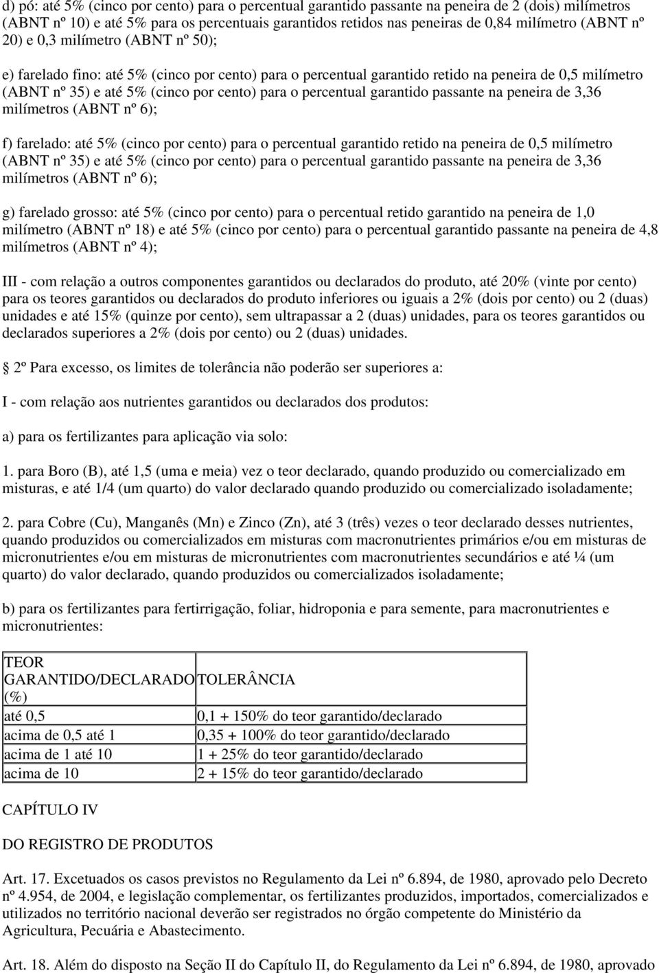 garantido passante na peneira de 3,36 milímetros (ABNT nº 6); f) farelado: até 5% (cinco por cento) para o percentual garantido retido na peneira de 0,5 milímetro (ABNT nº 35) e até 5% (cinco por