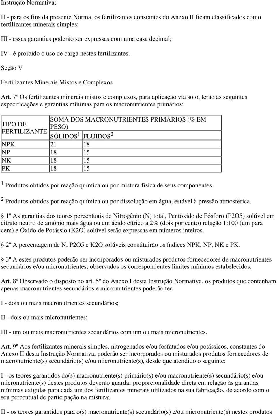 7º s fertilizantes minerais mistos e complexos, para aplicação via solo, terão as seguintes especificações e garantias mínimas para os macronutrientes primários: TIP DE FERTILIZANTE NPK 1 18 NP 18 15