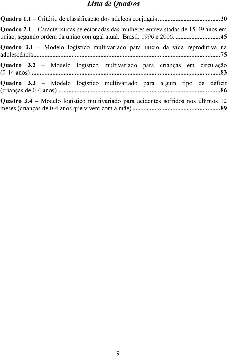 1 Modelo logístico multivariado para início da vida reprodutiva na adolescência... 75 Quadro 3.