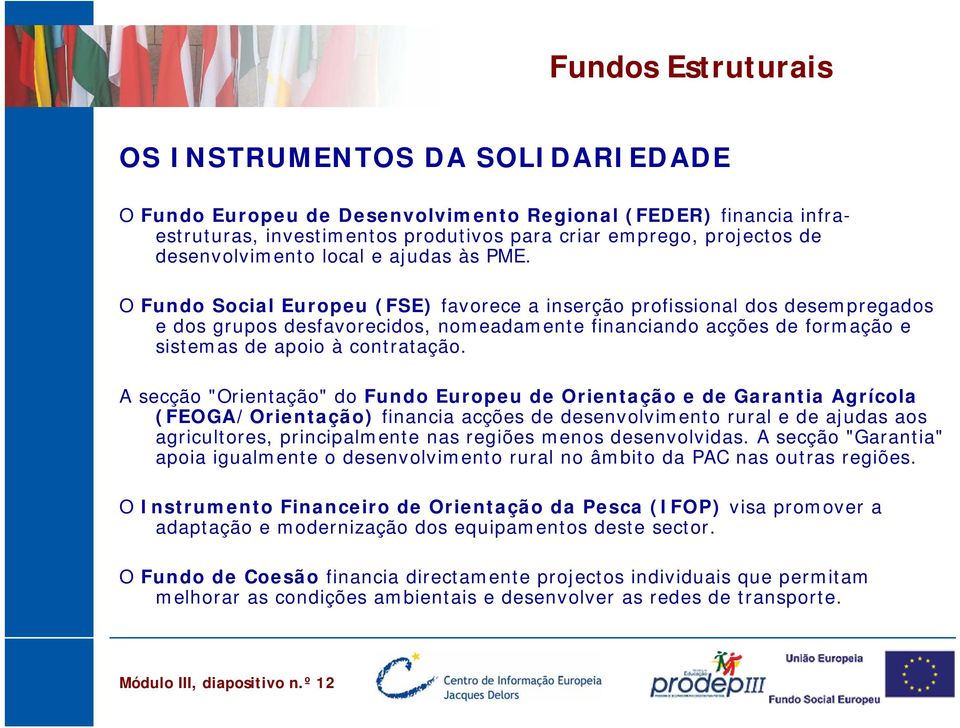 O Fundo Social Europeu (FSE) favorece a inserção profissional dos desempregados e dos grupos desfavorecidos, nomeadamente financiando acções de formação e sistemas de apoio à contratação.