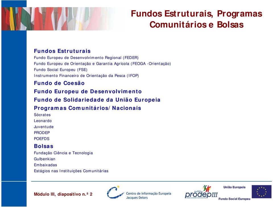 Coesão Fundo Europeu de Desenvolvimento Fundo de Solidariedade da União Europeia Programas Comunitários/Nacionais Sócrates Leonardo