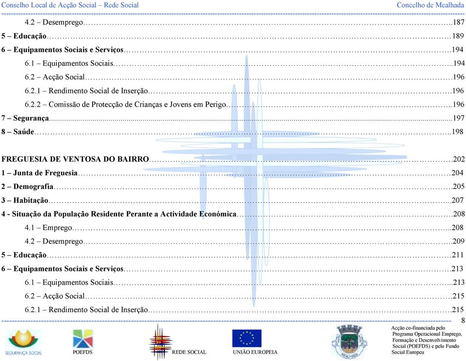 208 4.1 Emprego...208 4.2 Desemprego..209 5 Educação 211 6 Equipamentos Sociais e Serviços.213 6.1 Equipamentos Sociais...213 6.2 Acção Social.215 6.2.1 Rendimento Social de Inserção.