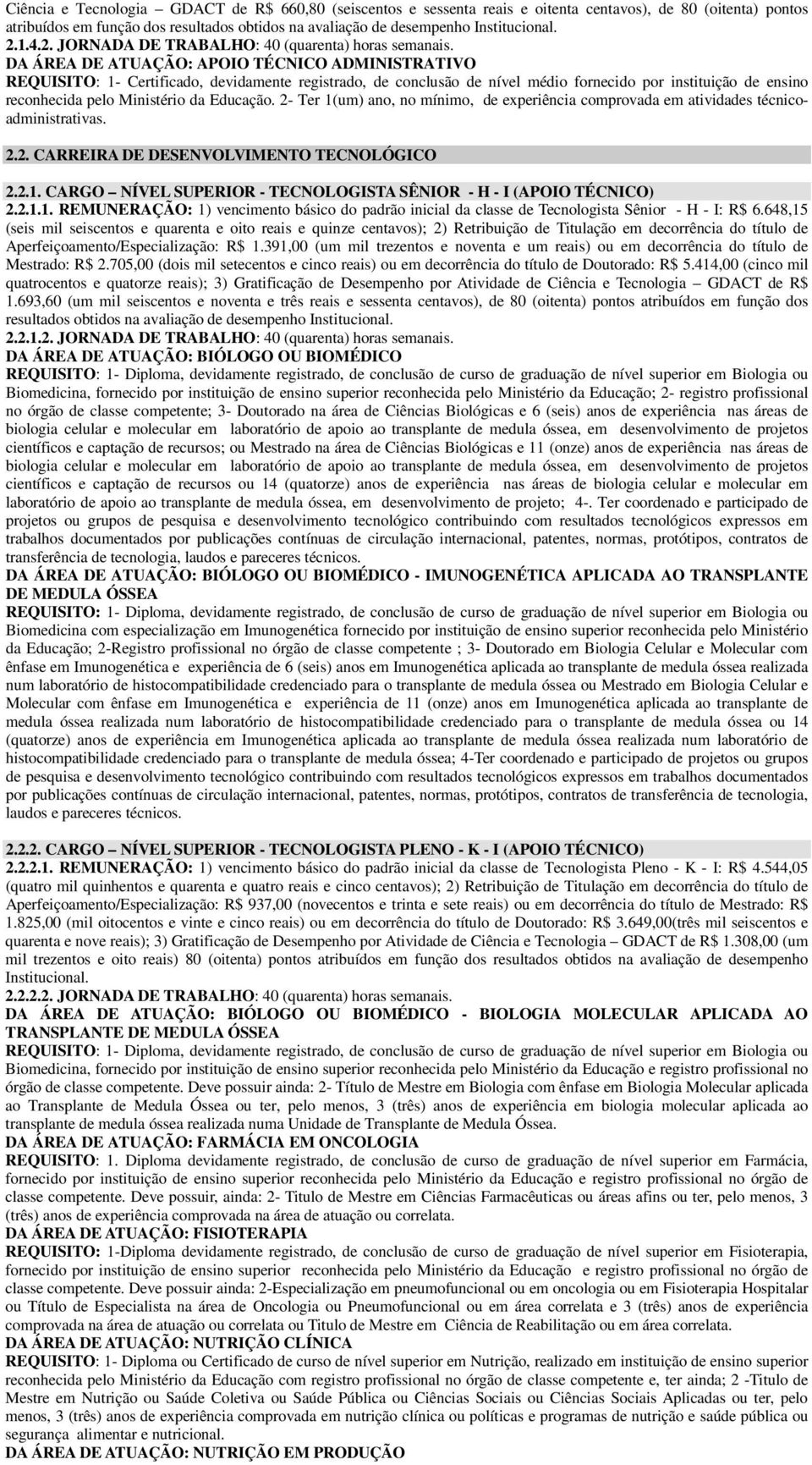 DA ÁREA DE ATUAÇÃO: APOIO TÉCNICO ADMINISTRATIVO REQUISITO: 1- Certificado, devidamente registrado, de conclusão de nível médio fornecido por instituição de ensino reconhecida pelo Ministério da