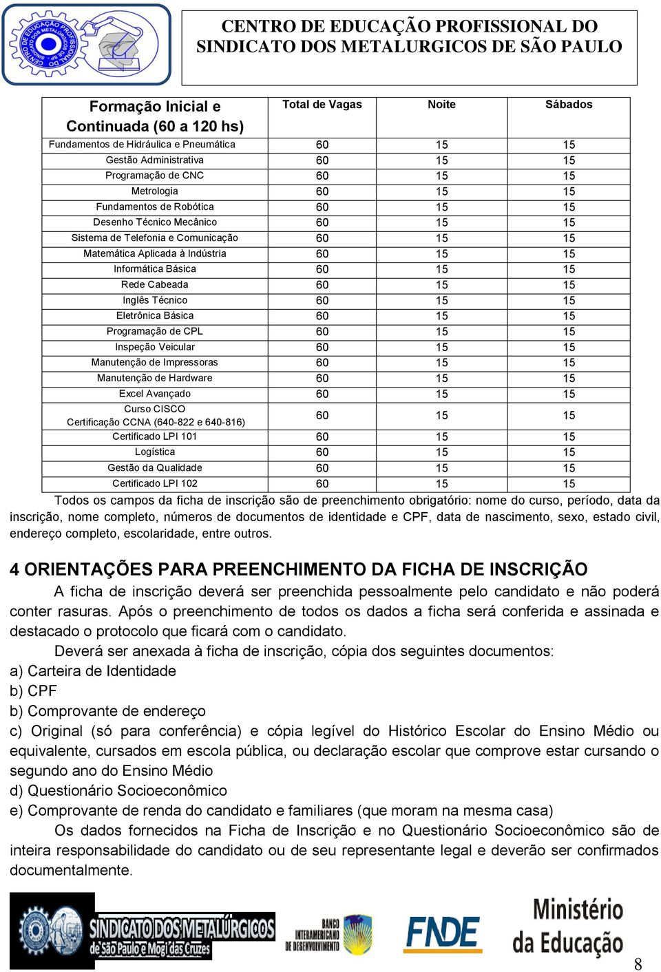 15 Inglês Técnico 60 15 15 Eletrônica Básica 60 15 15 Programação de CPL 60 15 15 Inspeção Veicular 60 15 15 Manutenção de Impressoras 60 15 15 Manutenção de Hardware 60 15 15 Excel Avançado 60 15 15