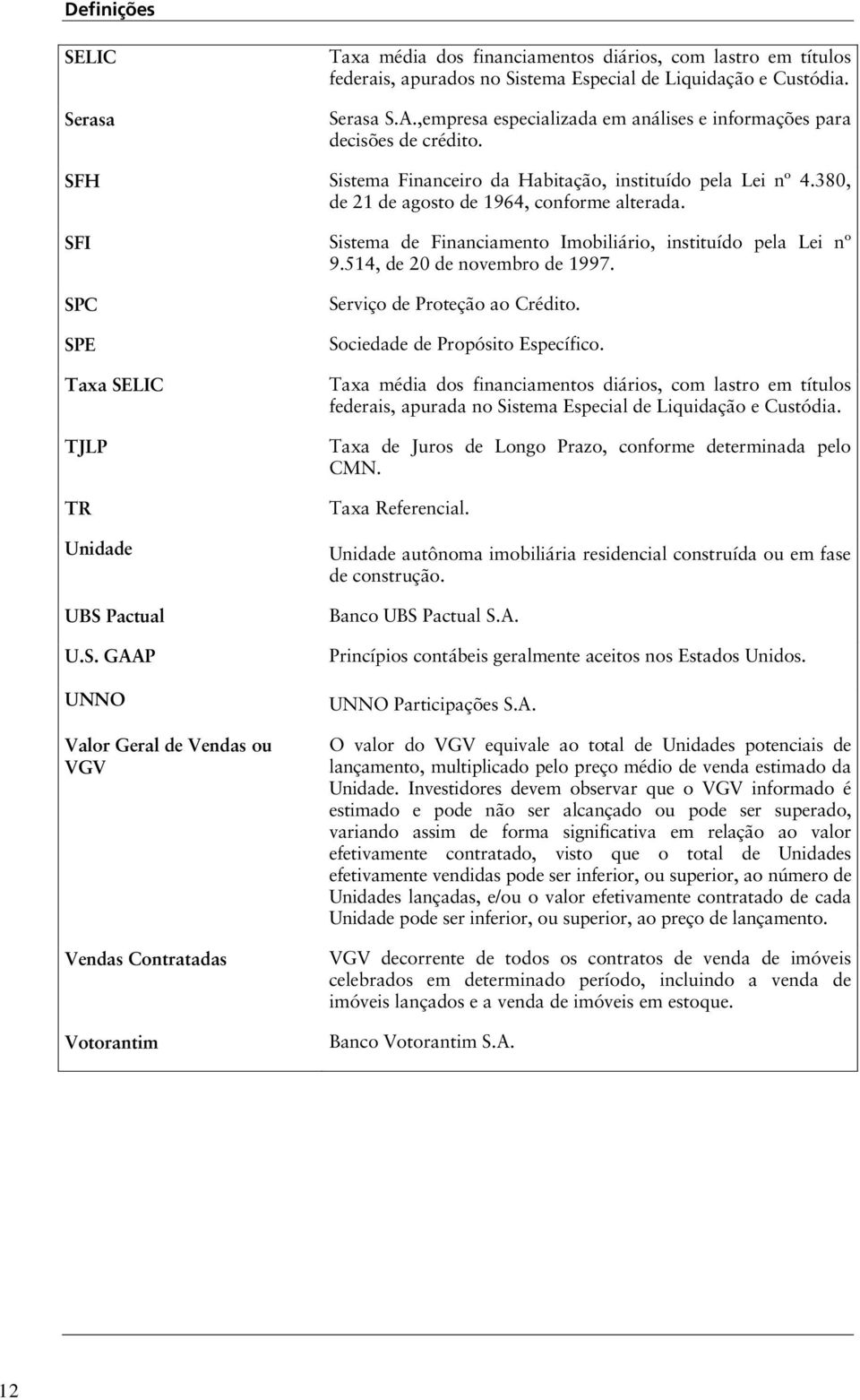 SFI Sistema de Financiamento Imobiliário, instituído pela Lei nº 9.514, de 20 de novembro de 1997. SPC SPE Taxa SELIC TJLP TR Unidade UBS Pactual U.S. GAAP UNNO Valor Geral de Vendas ou VGV Vendas Contratadas Votorantim Serviço de Proteção ao Crédito.