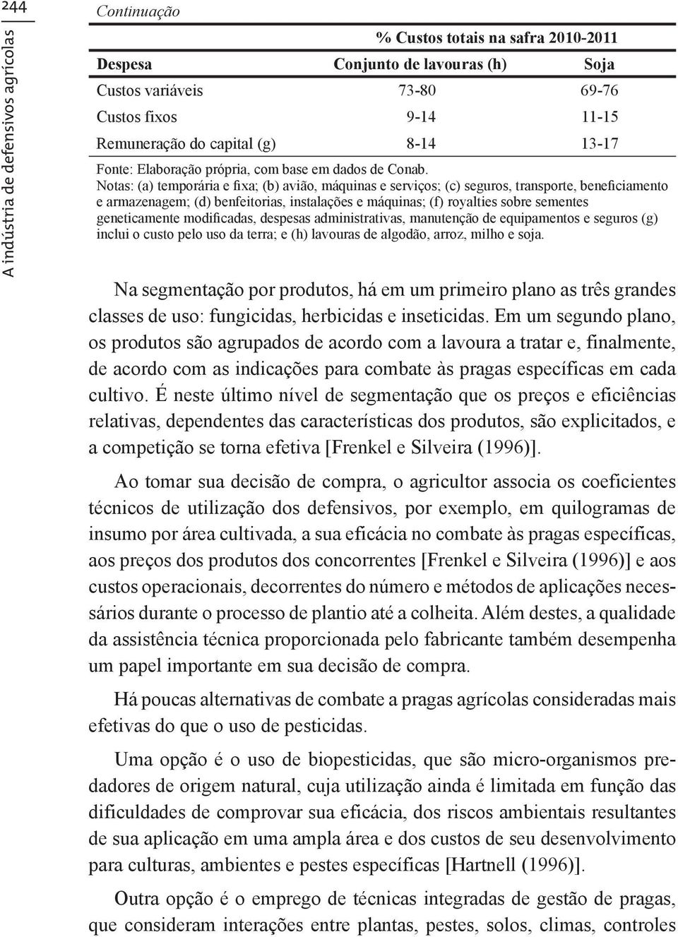 Notas: (a) temporária e fixa; (b) avião, máquinas e serviços; (c) seguros, transporte, beneficiamento e armazenagem; (d) benfeitorias, instalações e máquinas; (f) royalties sobre sementes