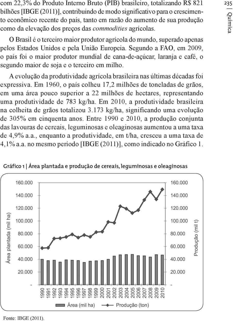 Segundo a FAO, em 2009, o país foi o maior produtor mundial de cana-de-açúcar, laranja e café, o segundo maior de soja e o terceiro em milho.