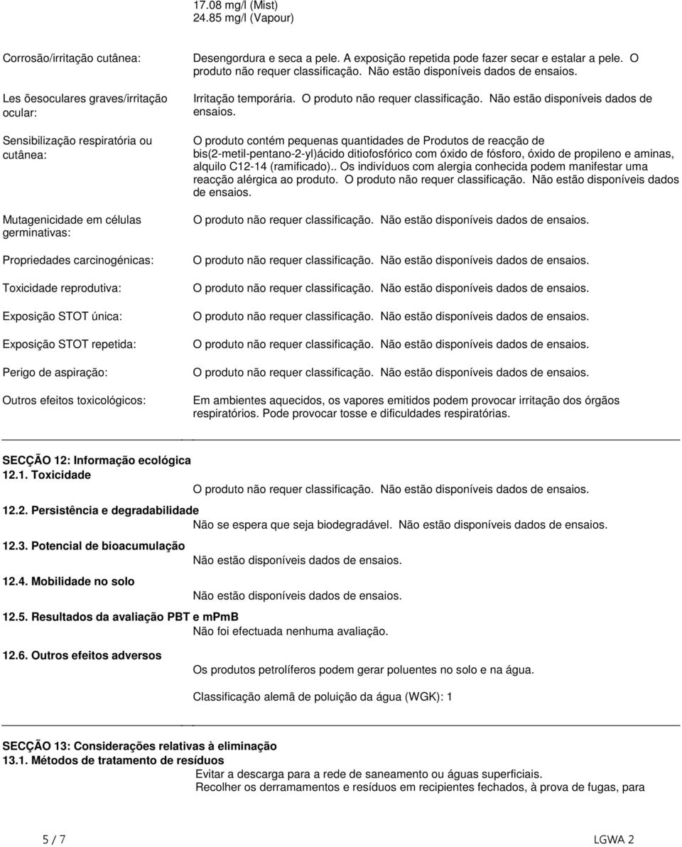 secar e estalar a pele O produto não requer classificação Não estão disponíveis dados de ensaios Irritação temporária O produto não requer classificação Não estão disponíveis dados de ensaios O