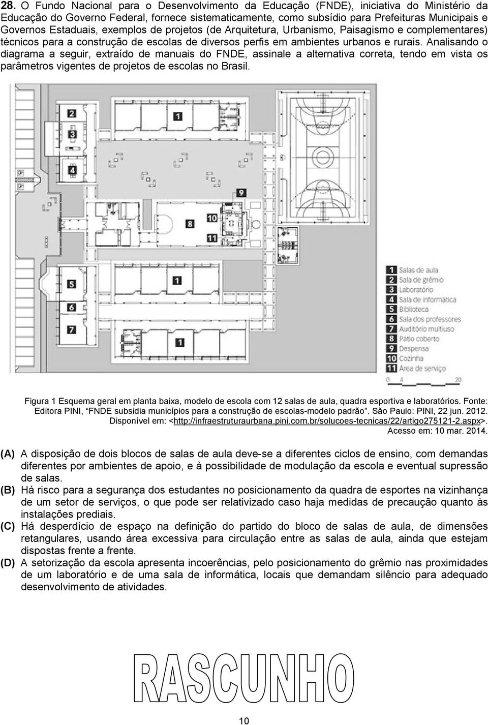 Analisando o diagrama a seguir, extraído de manuais do FNDE, assinale a alternativa correta, tendo em vista os parâmetros vigentes de projetos de escolas no Brasil.