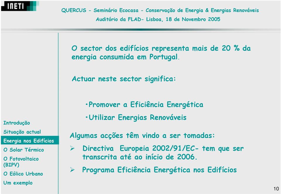 Renováveis Algumas acções têm vindo a ser tomadas: Directiva Europeia 2002/91/EC-