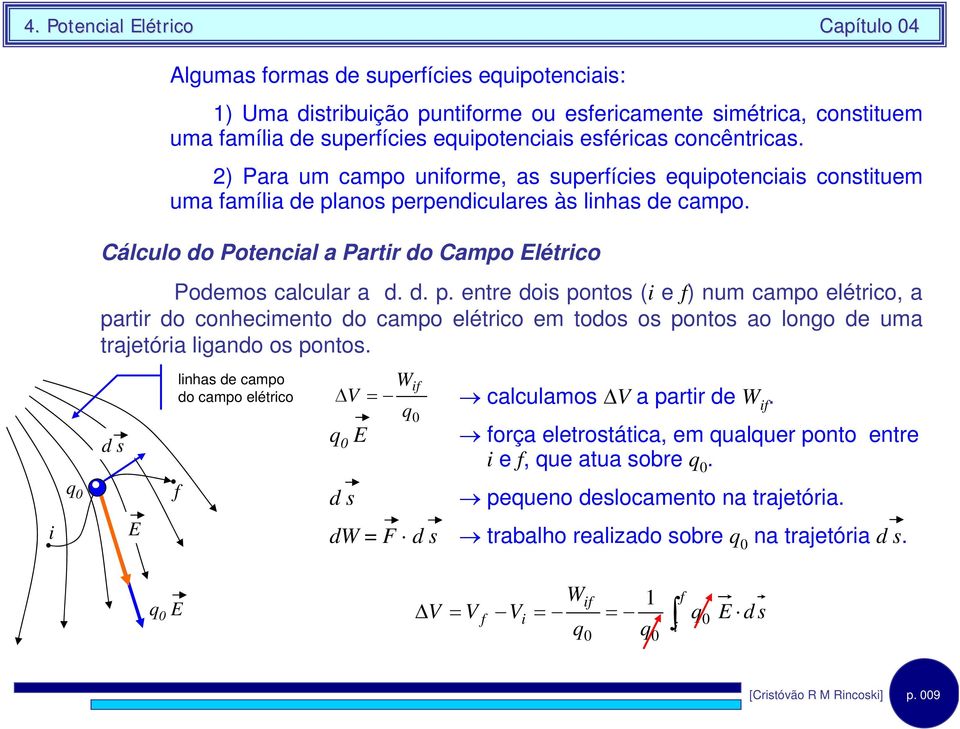 anos pependculaes às lnhas de campo. Cálculo do Potencal a Pat do Campo létco Podemos calcula a d. d. p. ente dos pontos ( e ) num campo elétco, a pat do conhecmento do campo elétco em todos os pontos ao longo de uma tajetóa lgando os pontos.