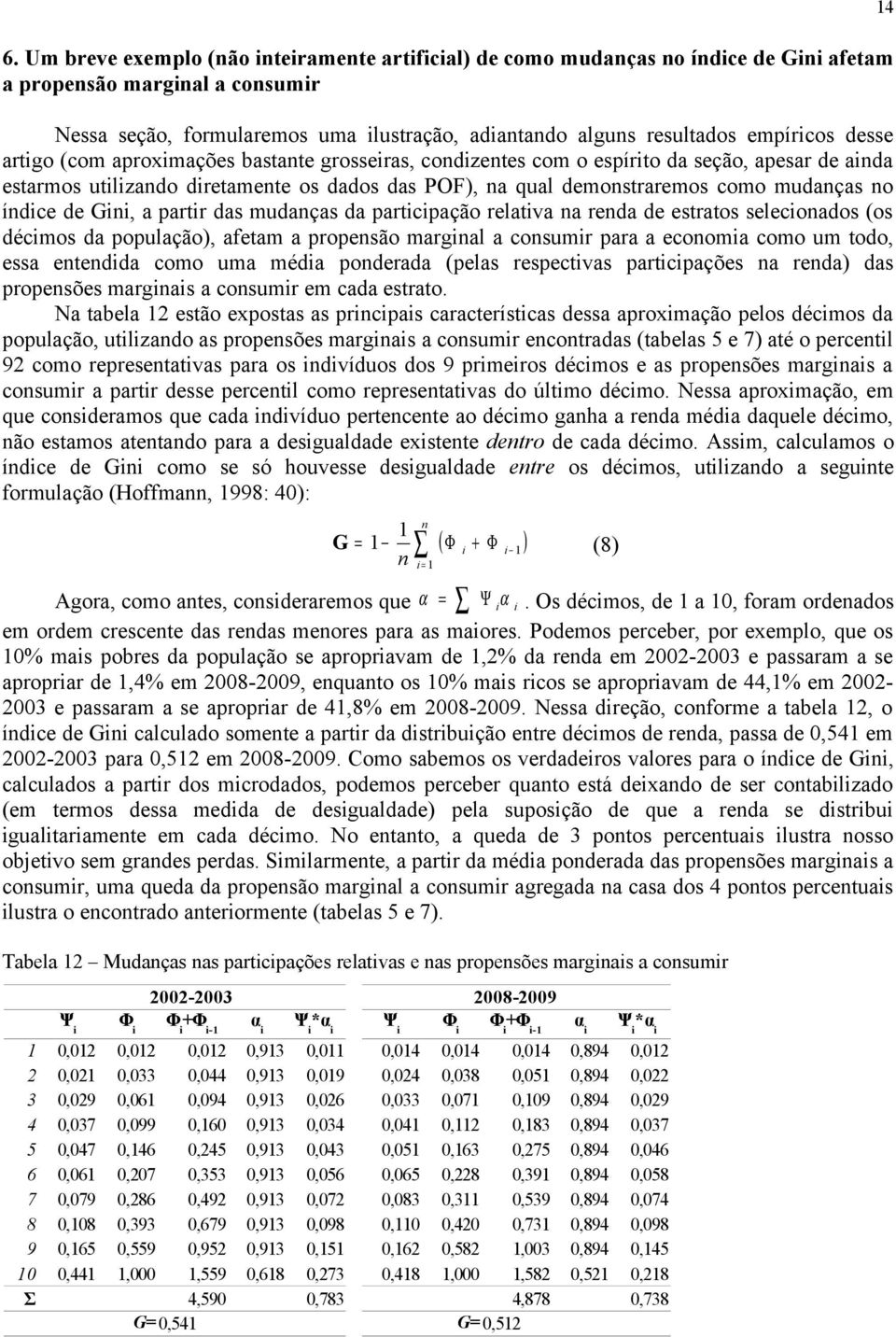 partr das mudanças da partcpação relatva na renda de estratos seleconados (os décmos da população), afetam a propensão margnal a consumr para a economa como um todo, essa entendda como uma méda