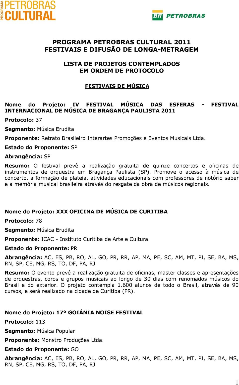 Abrangência: SP Resumo: O festival prevê a realização gratuita de quinze concertos e oficinas de instrumentos de orquestra em Bragança Paulista (SP).