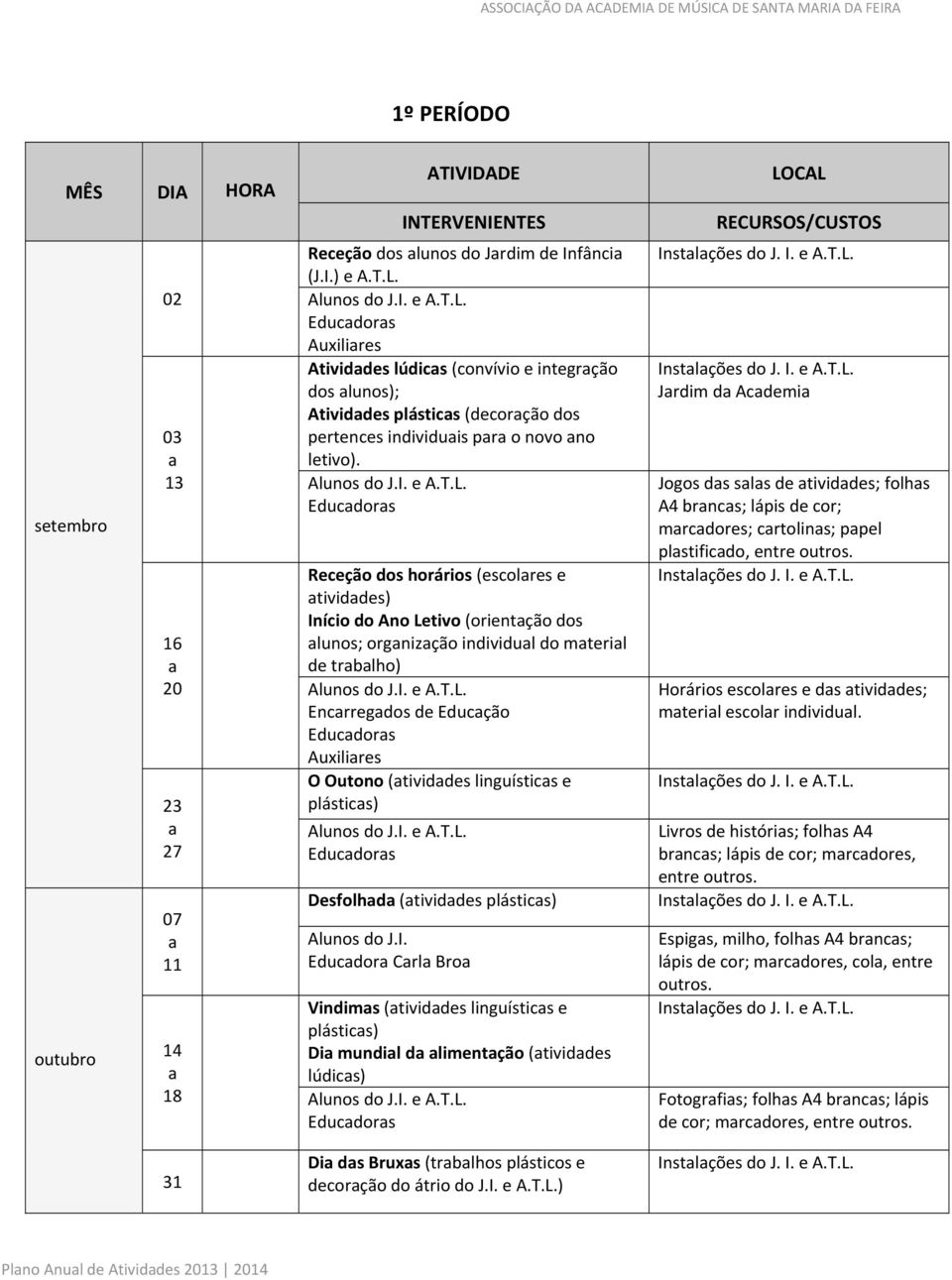 Receção dos horários (escolres e tividdes) Início do Ano Letivo (orientção dos lunos; orgnizção individul do mteril de trblho) Encrregdos de Educção Auxilires O Outono (tividdes linguístics e