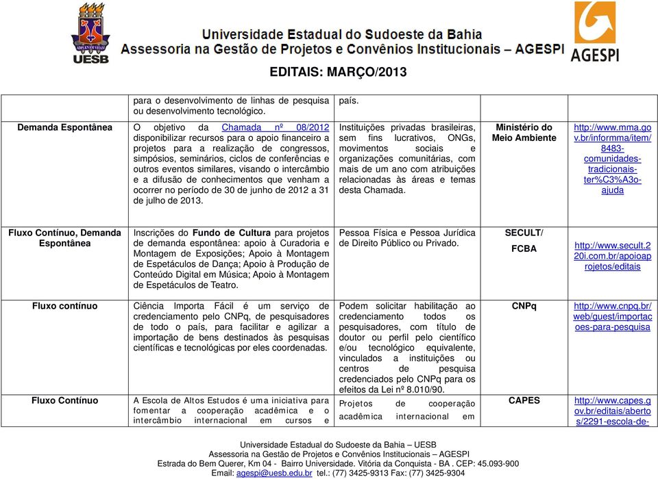 eventos similares, visando o intercâmbio e a difusão de conhecimentos que venham a ocorrer no período de 30 de junho de 2012 a 31 de julho de 2013.