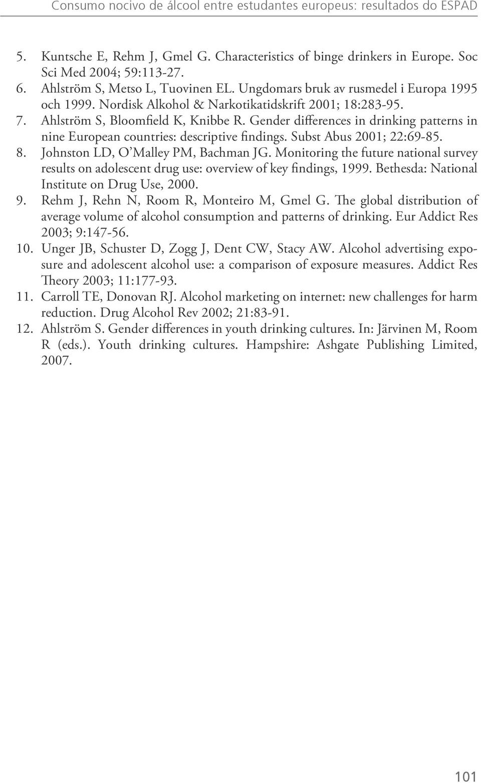 Gender differences in drinking patterns in nine European countries: descriptive findings. Subst Abus 2001; 22:69-85. 8. Johnston LD, O Malley PM, Bachman JG.