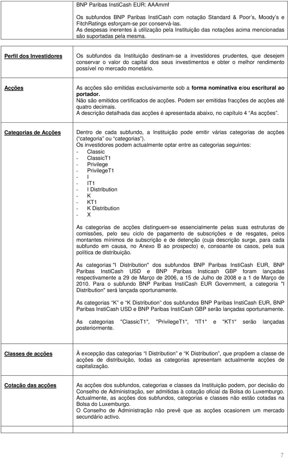 Perfil dos Investidores Os subfundos da Instituição destinam-se a investidores prudentes, que desejem conservar o valor do capital dos seus investimentos e obter o melhor rendimento possível no