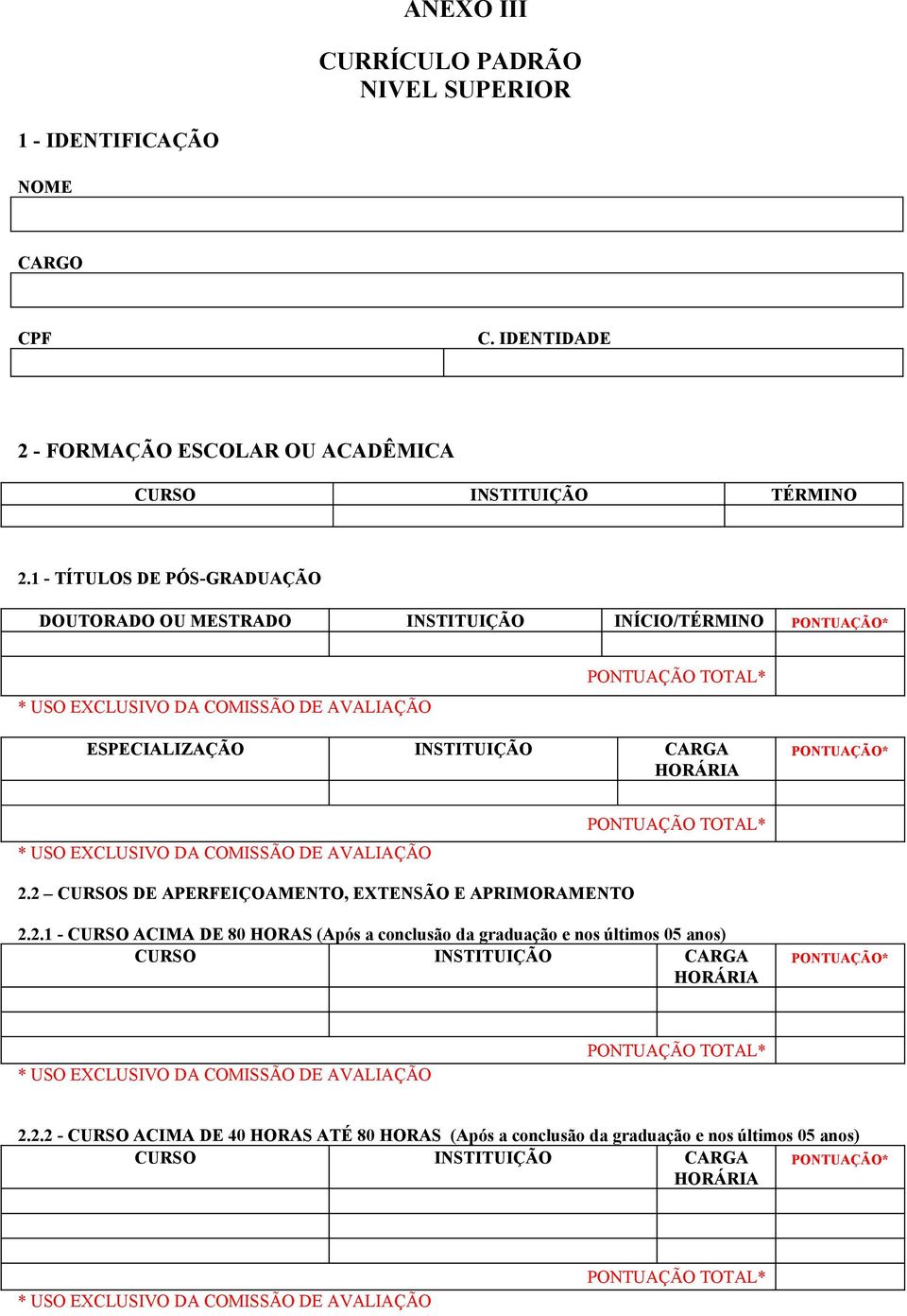 1 - TÍTULOS DE PÓS-GRADUAÇÃO DOUTORADO OU MESTRADO INSTITUIÇÃO INÍCIO/TÉRMINO ESPECIALIZAÇÃO INSTITUIÇÃO CARGA 2.