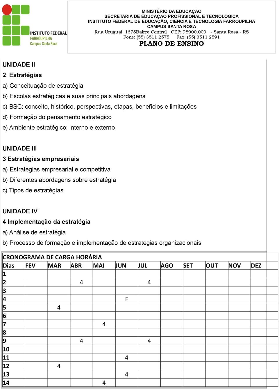 competitiva b) Diferentes abordagens sobre estratégia c) Tipos de estratégias UNIDADE IV 4 Implementação da estratégia a) Análise de estratégia b) Processo de formação e