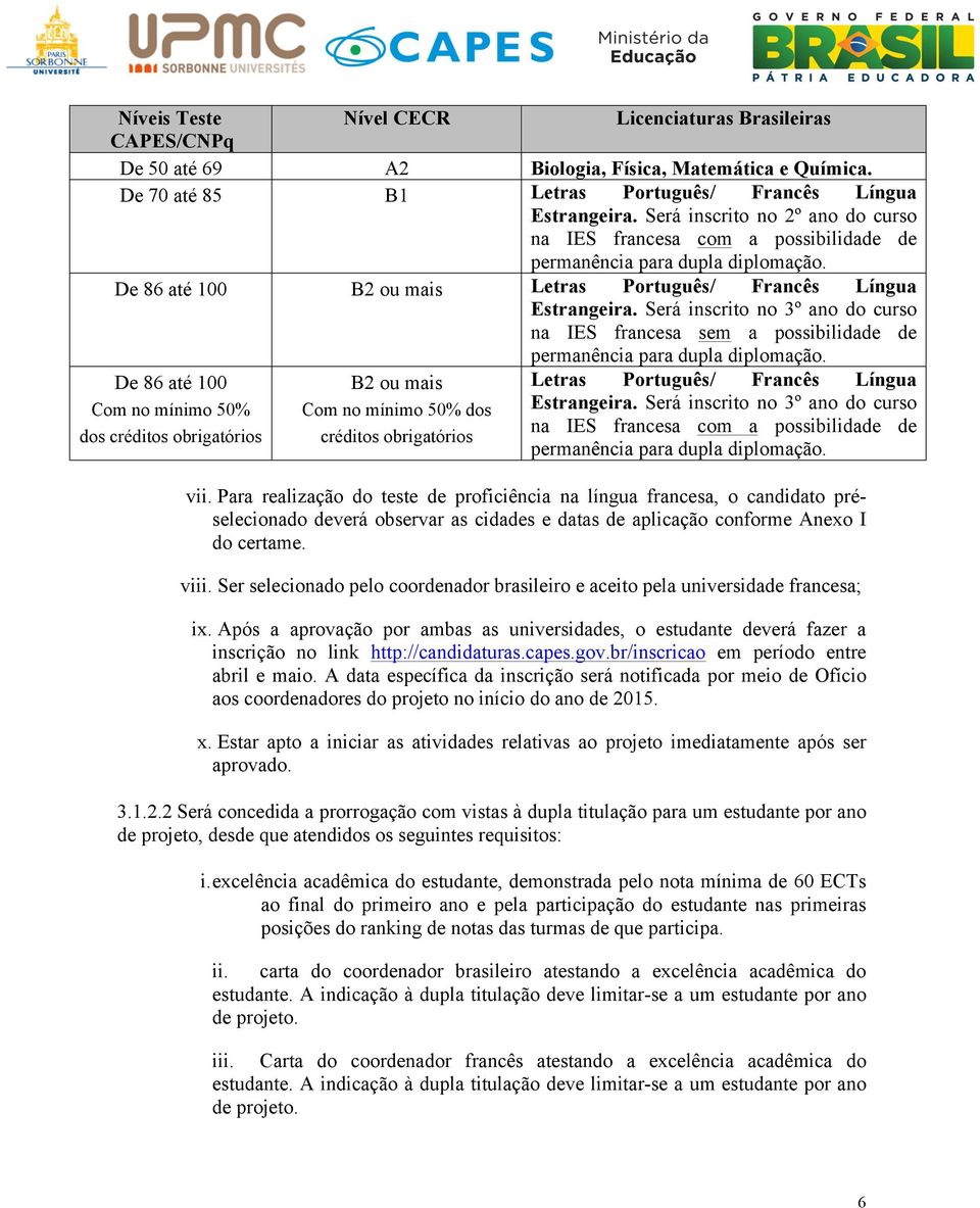 Será inscrito no 3º ano do curso na IES francesa sem a possibilidade de permanência para dupla diplomação.