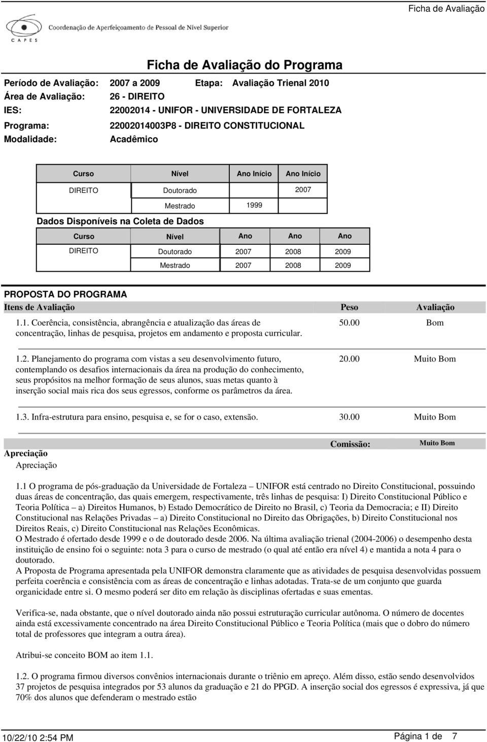 PROGRAMA 1.1. Coerência, consistência, abrangência e atualização das áreas de concentração, linhas de pesquisa, projetos em andamento e proposta curricular. 50.00 1.2.