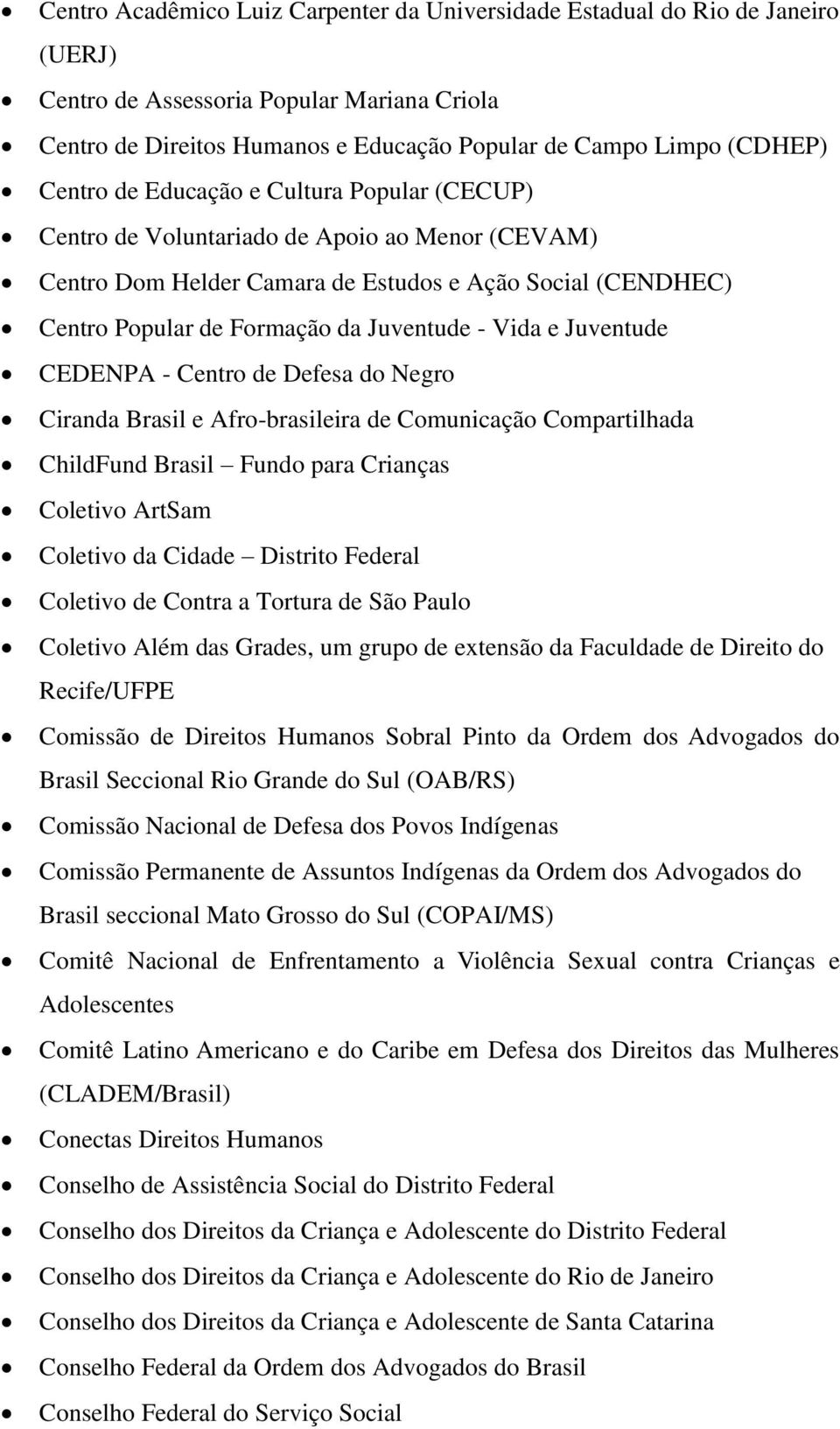 Vida e Juventude CEDENPA - Centro de Defesa do Negro Ciranda Brasil e Afro-brasileira de Comunicação Compartilhada ChildFund Brasil Fundo para Crianças Coletivo ArtSam Coletivo da Cidade Distrito