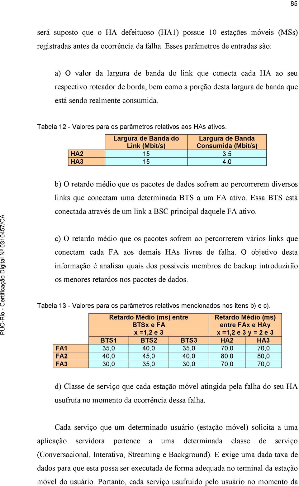 consumida. Tabela 12 - Valores para os parâmetros relativos aos HAs ativos. Largura de Banda do Link (Mbit/s) Largura de Banda Consumida (Mbit/s) HA2 15 3.