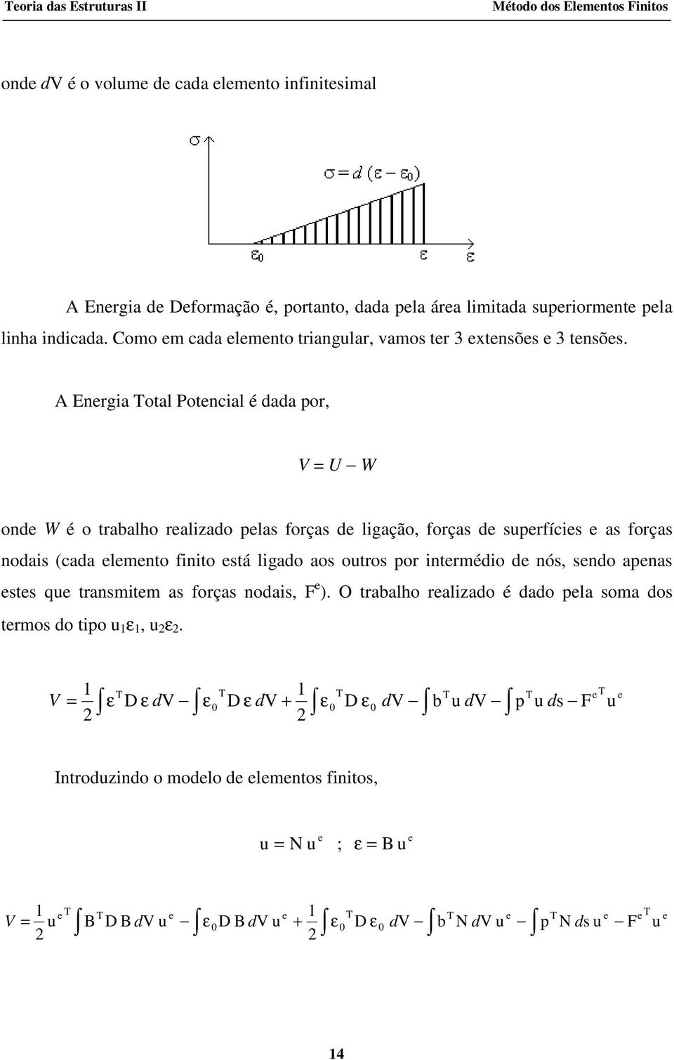 Enrga otal Potncal é aa por, V U W on W é o traalho ralzao plas forças lgação, forças sprfícs as forças noas (caa lmnto fnto stá lgao