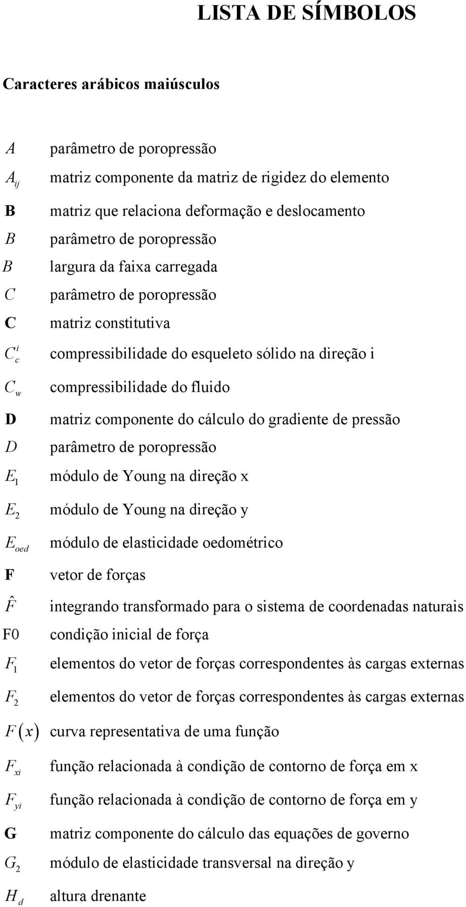 gradente de pressão parâmetro de poropressão módulo de Young na dreção x módulo de Young na dreção y E oed módulo de elastcdade oedométrco F ˆF F0 F vetor de forças ntegrando transformado para o