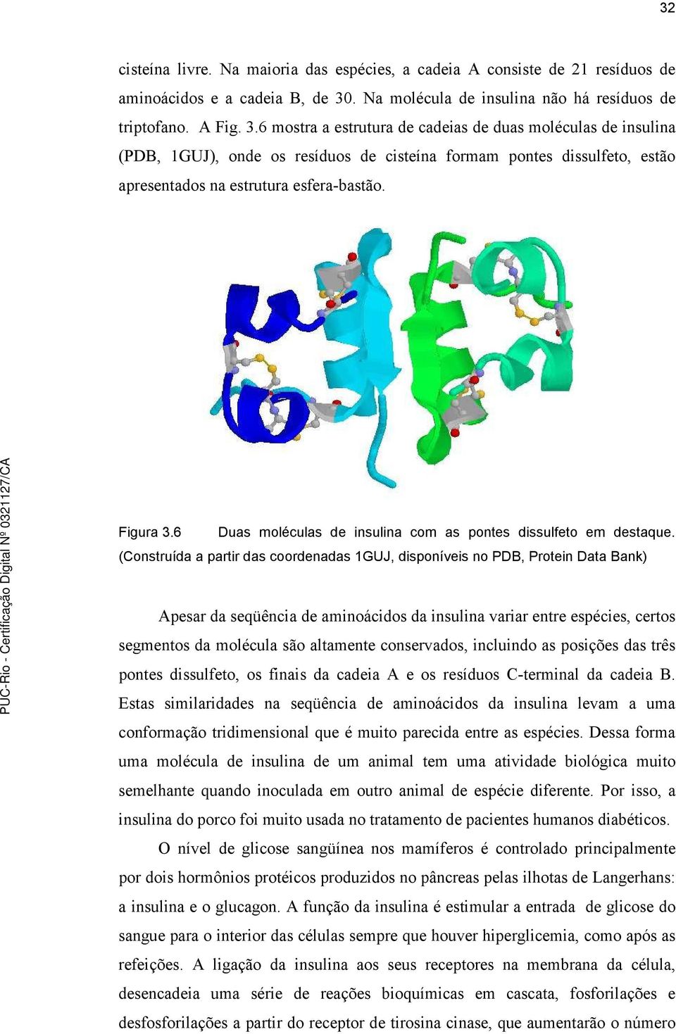 6 mostra a estrutura de cadeias de duas moléculas de insulina (PDB, 1GUJ), onde os resíduos de cisteína formam pontes dissulfeto, estão apresentados na estrutura esfera-bastão. Figura 3.