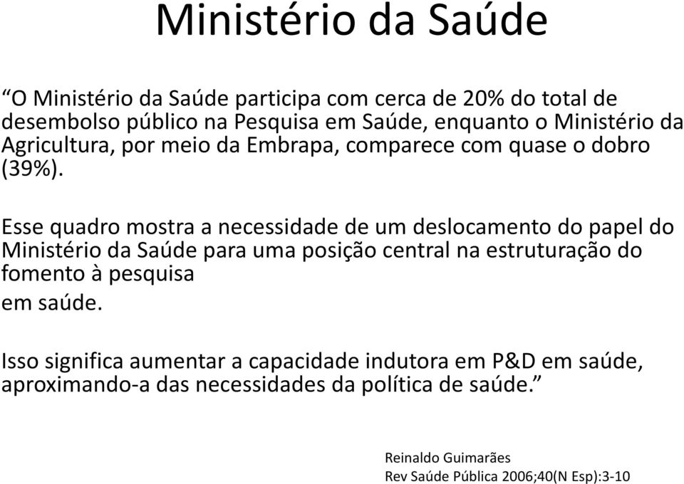 Esse quadro mostra a necessidade de um deslocamento do papel do Ministério da Saúde para uma posição central na estruturação do fomento