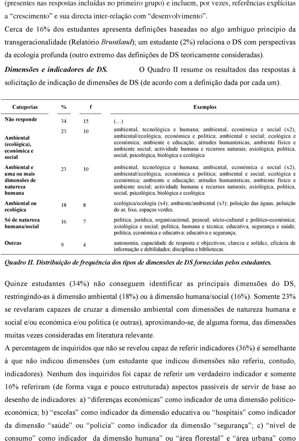 profunda (outro extremo das definições de DS teoricamente consideradas). Dimensões e indicadores de DS.