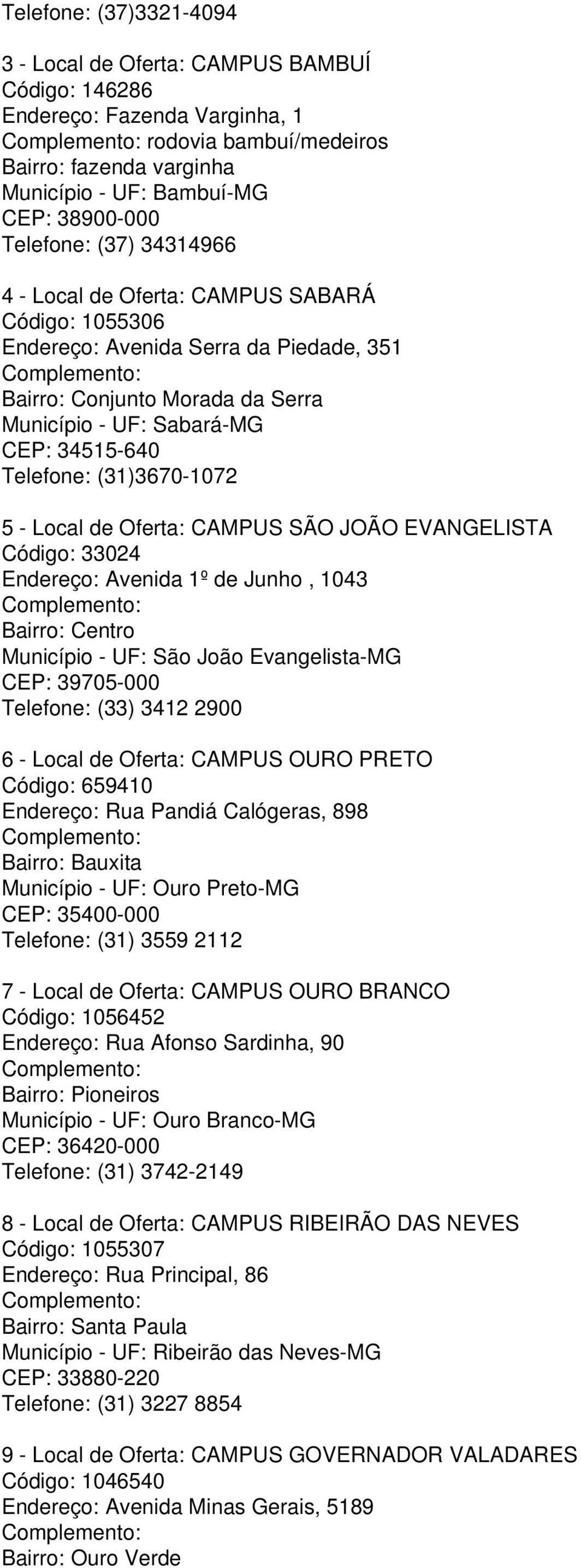 (31)3670-1072 5 - Local de Oferta: CAMPUS SÃO JOÃO EVANGELISTA Código: 33024 Endereço: Avenida 1º de Junho, 1043 Bairro: Centro Município - UF: São João Evangelista-MG CEP: 39705-000 Telefone: (33)