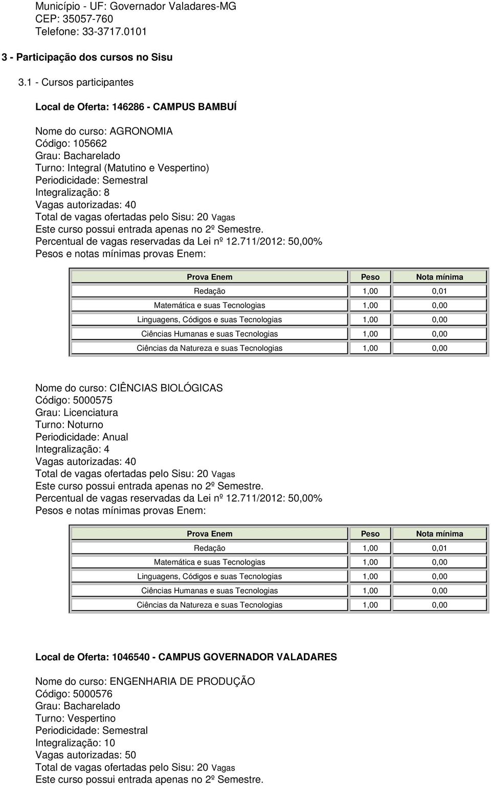 Integralização: 8 Vagas autorizadas: 40 Total de vagas ofertadas pelo Sisu: 20 Vagas Percentual de vagas reservadas da Lei nº 12.