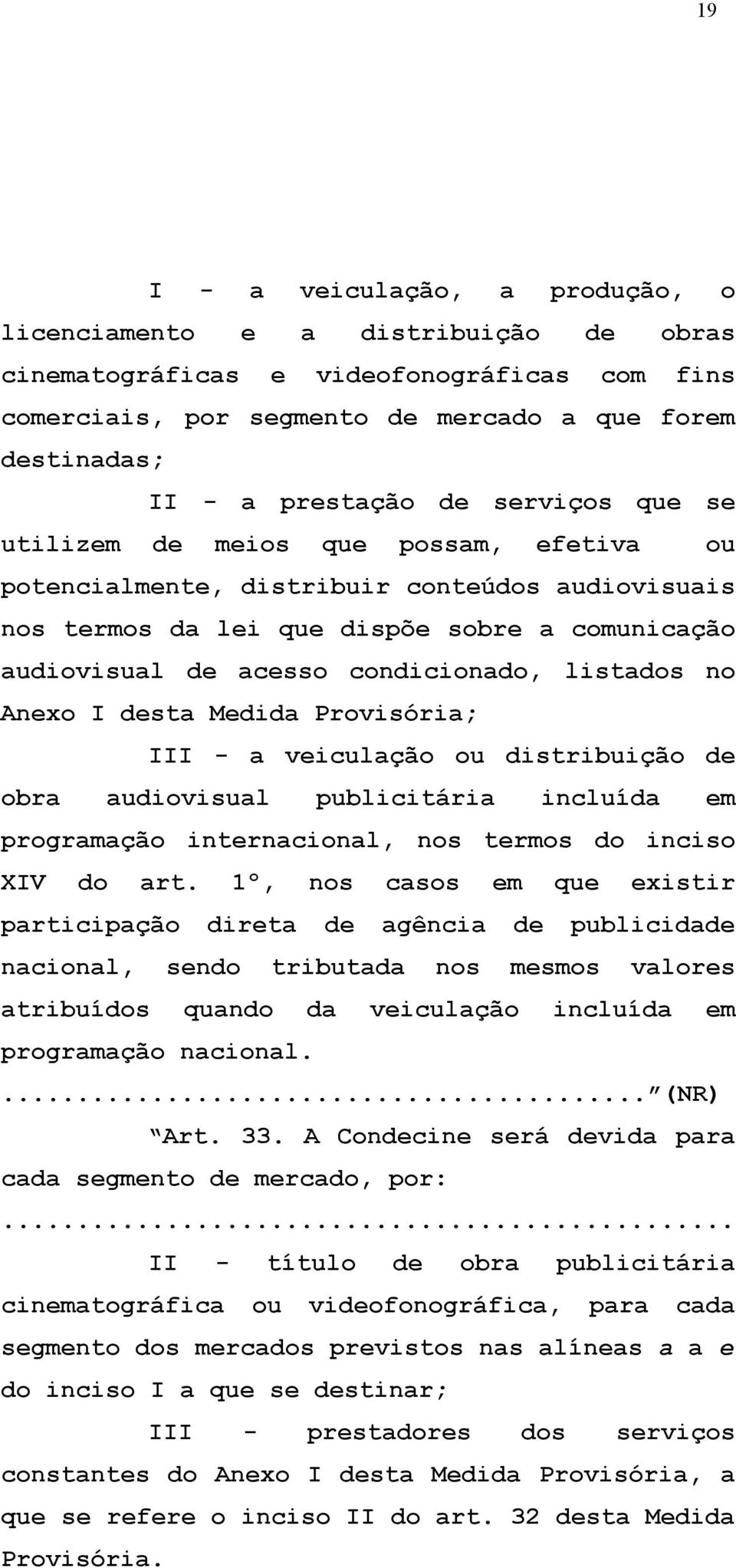 listados no Anexo I desta Medida Provisória; III - a veiculação ou distribuição de obra audiovisual publicitária incluída em programação internacional, nos termos do inciso XIV do art.