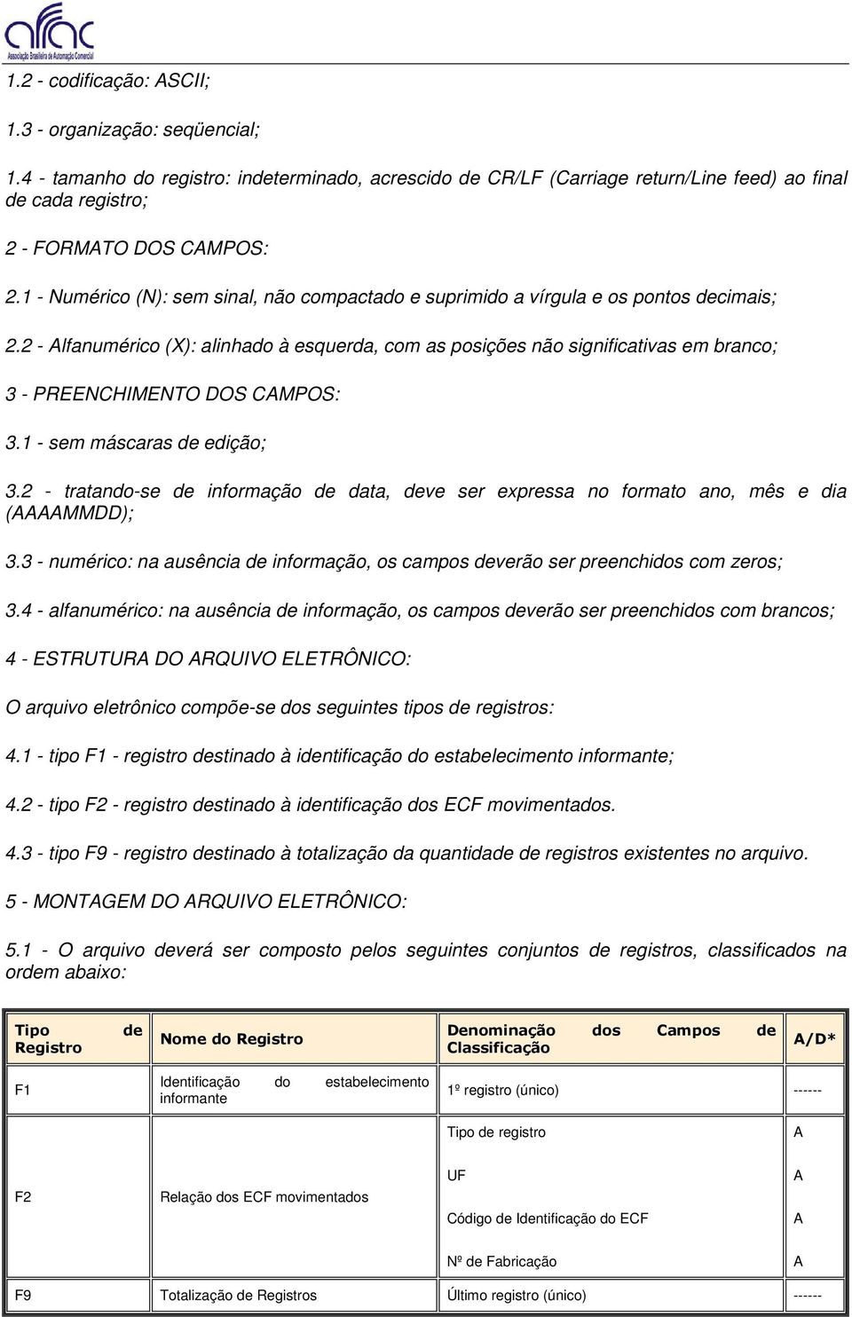 2 - Alfanumérico (X): alinhado à esquerda, com as posições não significativas em branco; 3 - PREENCHIMENTO DOS CAMPOS: 3.1 - sem máscaras de edição; 3.