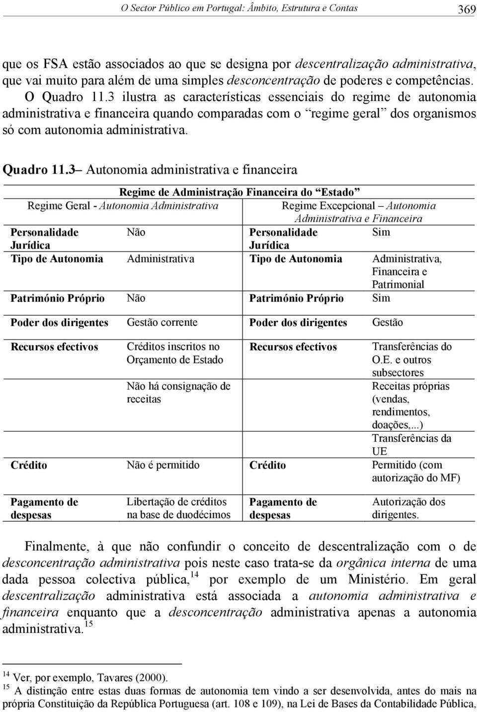 3 ilustra as características essenciais do regime de autonomia administrativa e financeira quando comparadas com o regime geral dos organismos só com autonomia administrativa. Quadro 11.