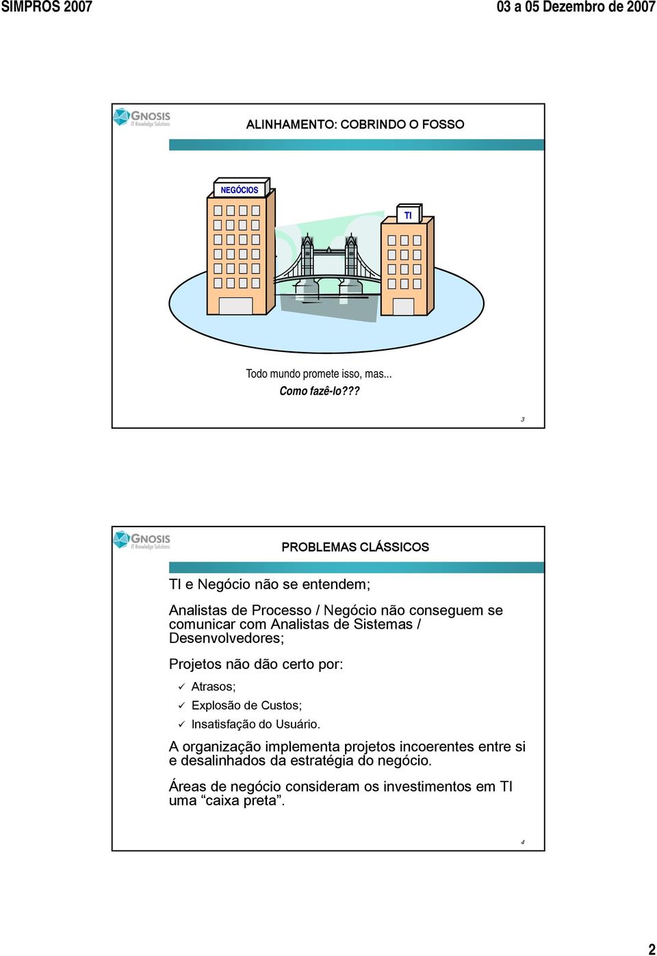 Analistas de Sistemas / Desenvolvedores; Projetos não dão certo por: Atrasos; Explosão de Custos; Insatisfação do Usuário.