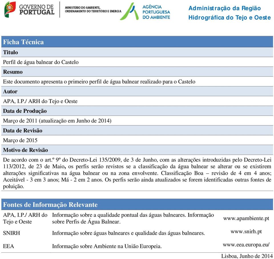 existirem alterações significativas na água balnear ou na zona envolvente. Classificação Boa revisão de 4 em 4 anos; Aceitável - 3 em 3 anos; Má - 2 em 2 anos.