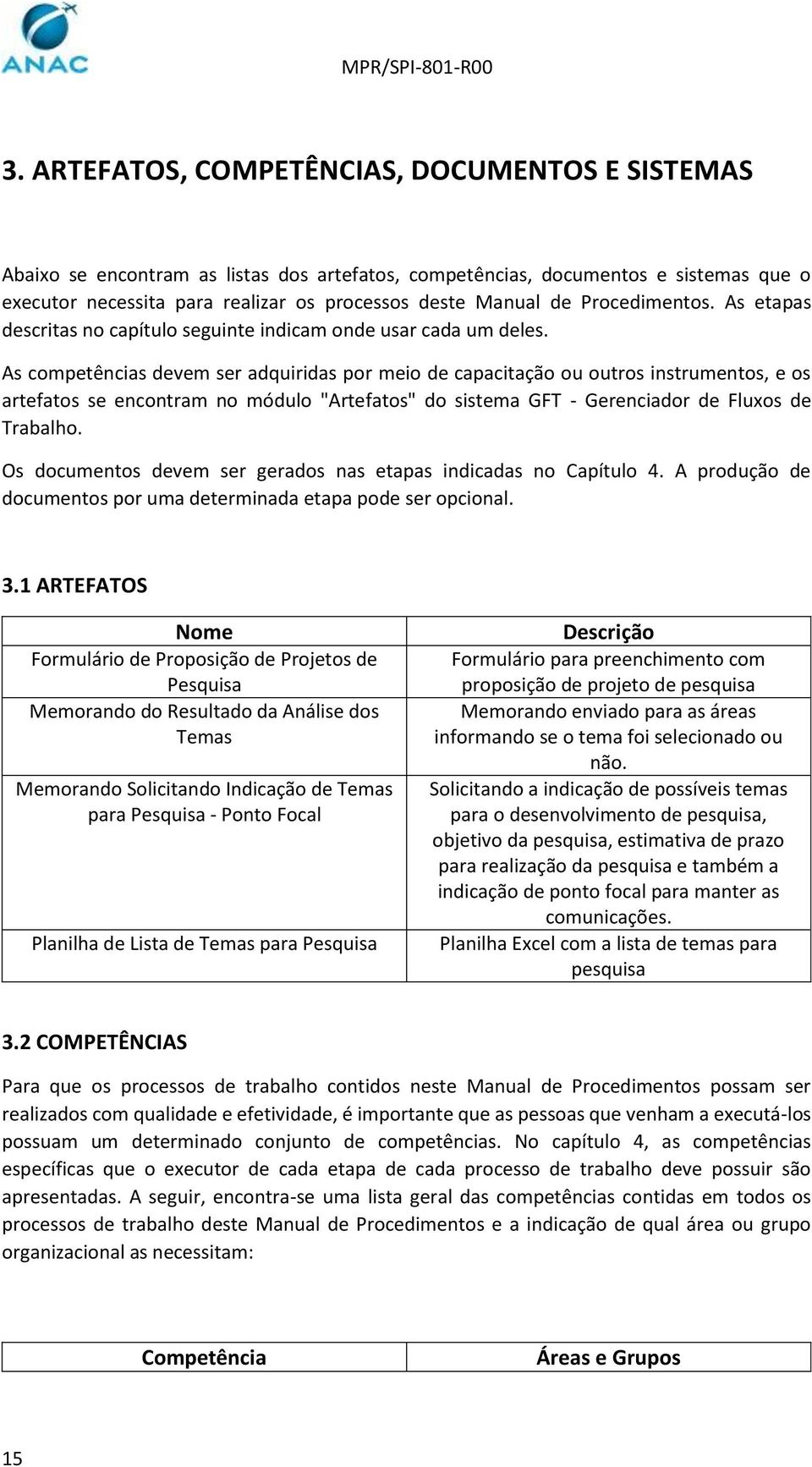 As competências devem ser adquiridas por meio de capacitação ou outros instrumentos, e os artefatos se encontram no módulo "Artefatos" do sistema GFT - Gerenciador de Fluxos de Trabalho.