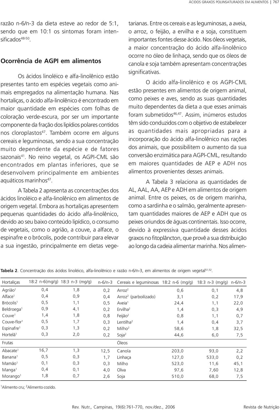 Nas hortaliças, o ácido alfalinolênico é encontrado em maior quantidade em espécies com folhas de coloração verdeescura, por ser um importante componente da fração dos lipídios polares contidos nos