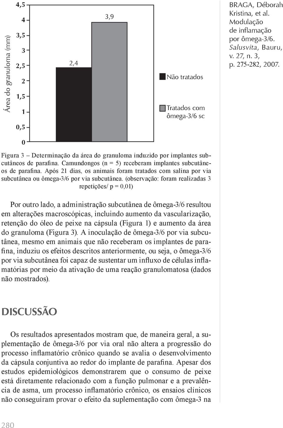 (observação: foram realizadas 3 repetições/ p = 0,01) Por outro lado, a administração subcutânea de ômega-3/6 resultou em alterações macroscópicas, incluindo aumento da vascularização, retenção do