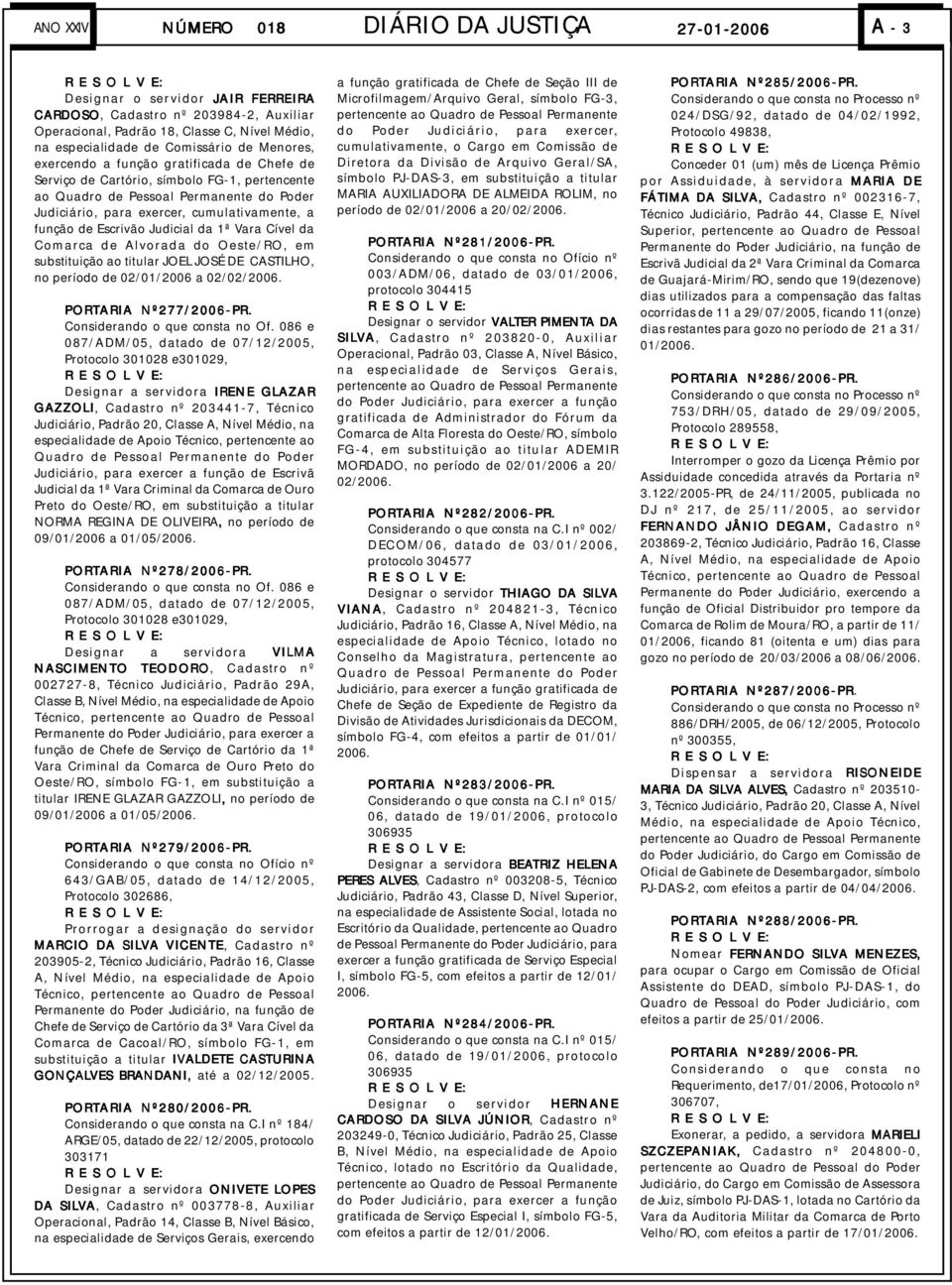 cumulativamente, a função de Escrivão Judicial da 1ª Vara Cível da Comarca de Alvorada do Oeste/RO, em substituição ao titular JOEL JOSÉ DE CASTILHO, no período de 02/01/2006 a 02/02/2006.