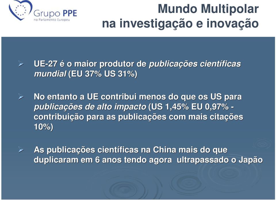 publicações de alto impacto (US 1,45% EU 0,97% - contribuição para as publicações com mais