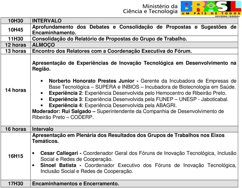 14 horas Norberto Honorato Prestes Junior - Gerente da Incubadora de Empresas de Base Tecnológica SUPERA e INBIOS Incubadora de Biotecnologia em Saúde.