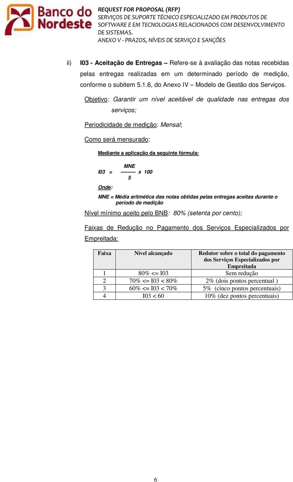 Objetivo: Garantir um nível aceitável de qualidade nas entregas dos serviços; Periodicidade de medição: Mensal; Como será mensurado: Mediante a aplicação da seguinte fórmula: MNE I03 = --------- x