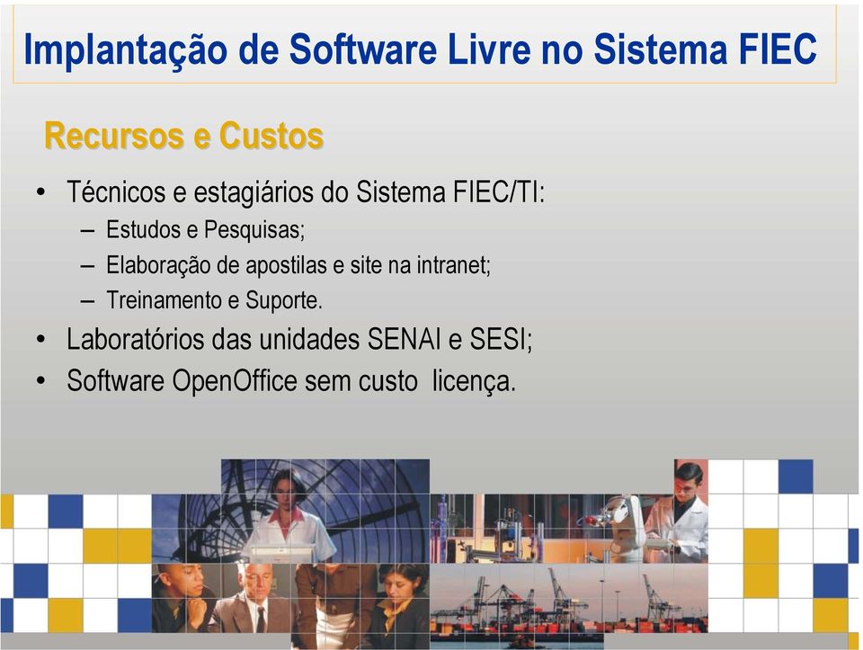 site na intranet; Treinamento e Suporte.