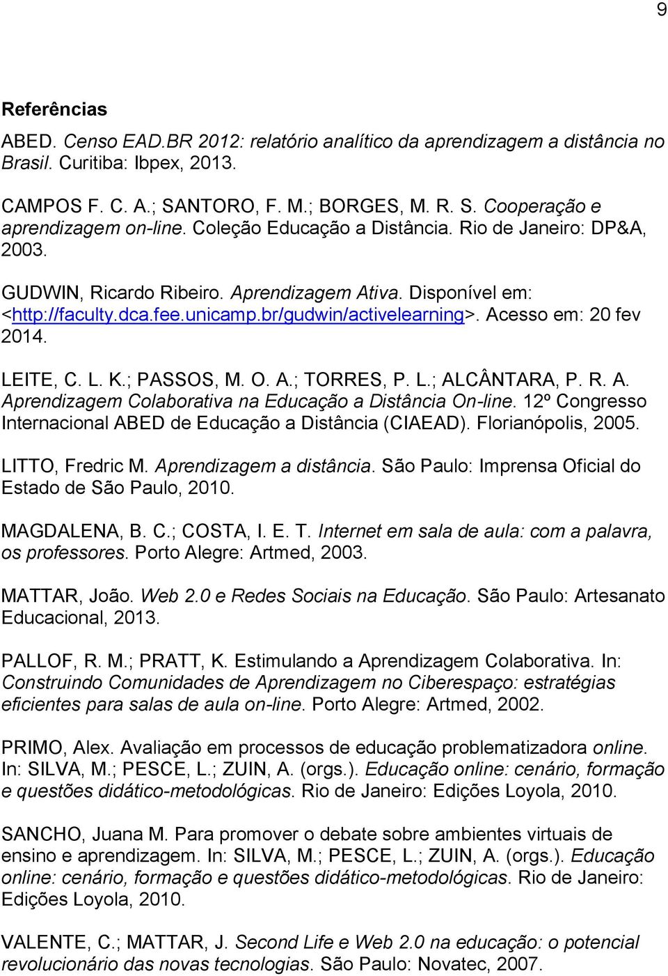 LEITE, C. L. K.; PASSOS, M. O. A.; TORRES, P. L.; ALCÂNTARA, P. R. A. Aprendizagem Colaborativa na Educação a Distância On-line. 12º Congresso Internacional ABED de Educação a Distância (CIAEAD).