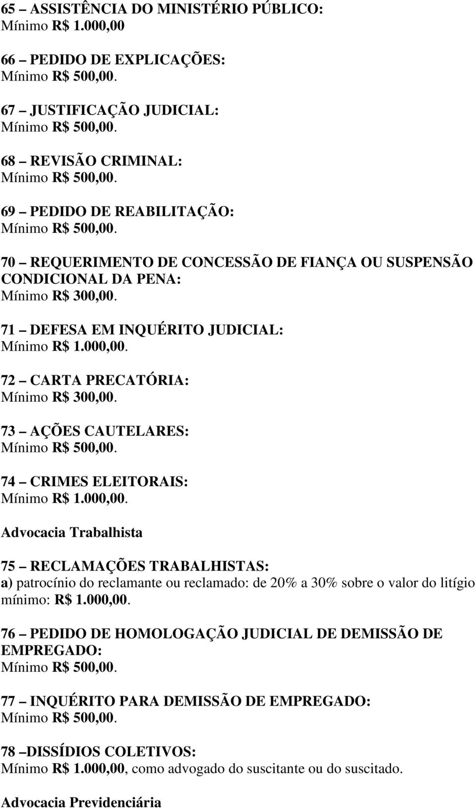 300,00. 71 DEFESA EM INQUÉRITO JUDICIAL: Mínimo R$ 1.000,00.